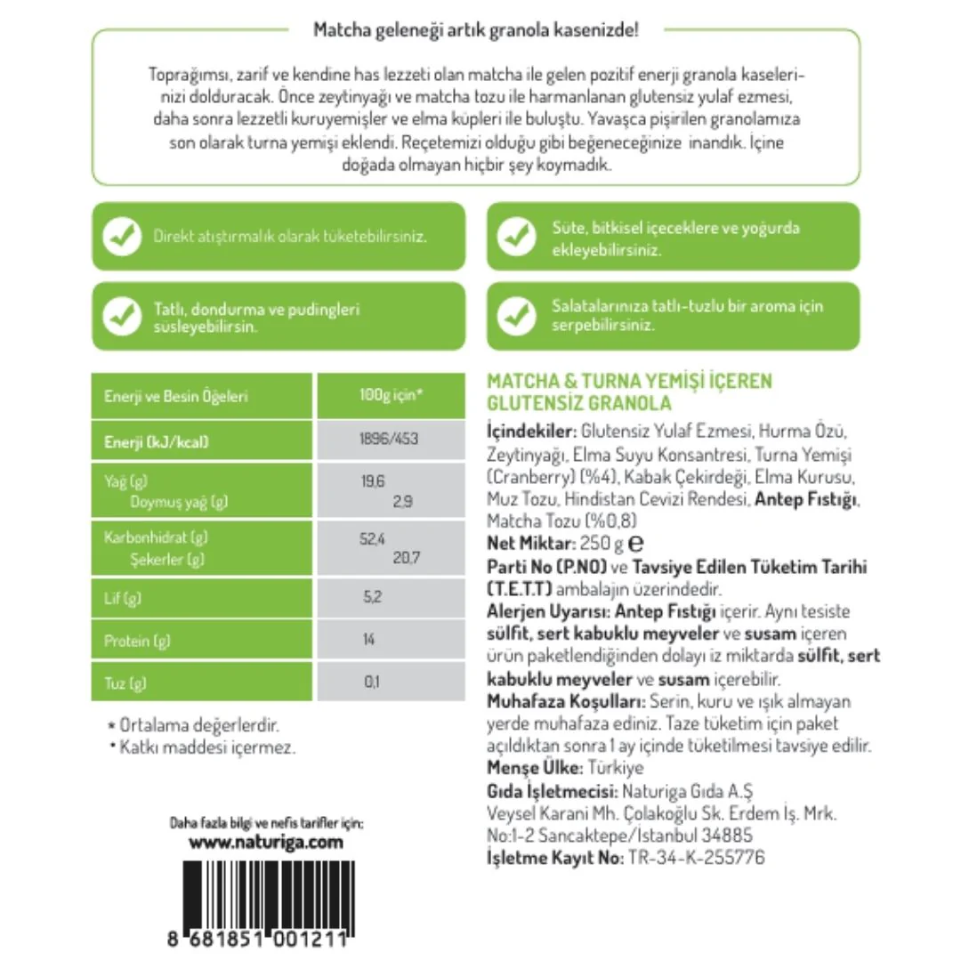 Glutensiz Matcha & Cranberry  Granola(250 gr) - Image 3