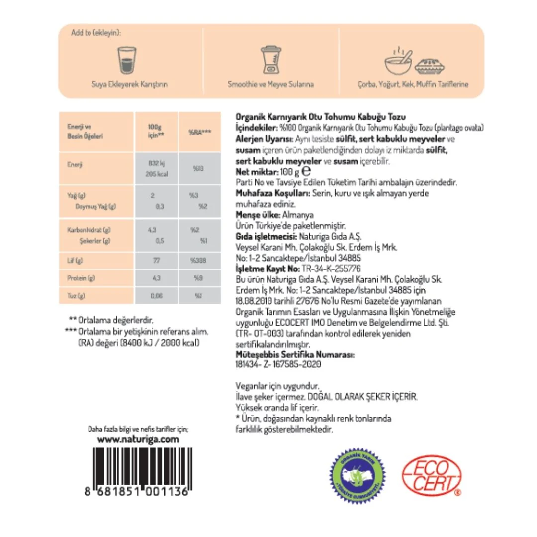 Org. Karnıyarık Otu Tohumu Tozu (Psyllium Husk) 100 gr - Image 3